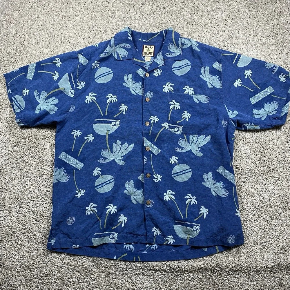 Tommy Bahama Mens Large Blue 100% Silk Tropical Palm Tree‎ Cocktail Camp Shirt